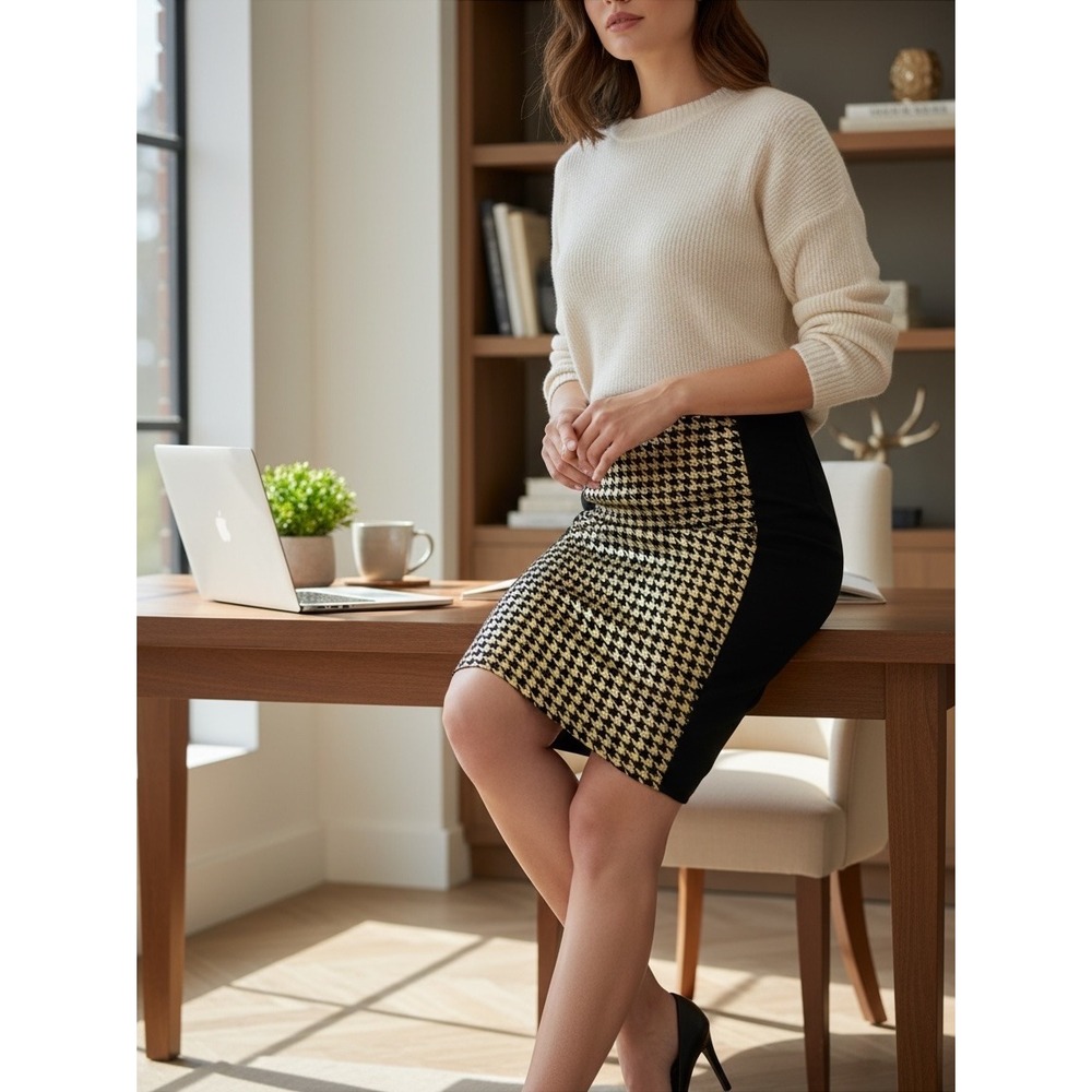 Forever 21 Pencil Skirt Women XL Black Gold Metallic Houndstooth Knee Length